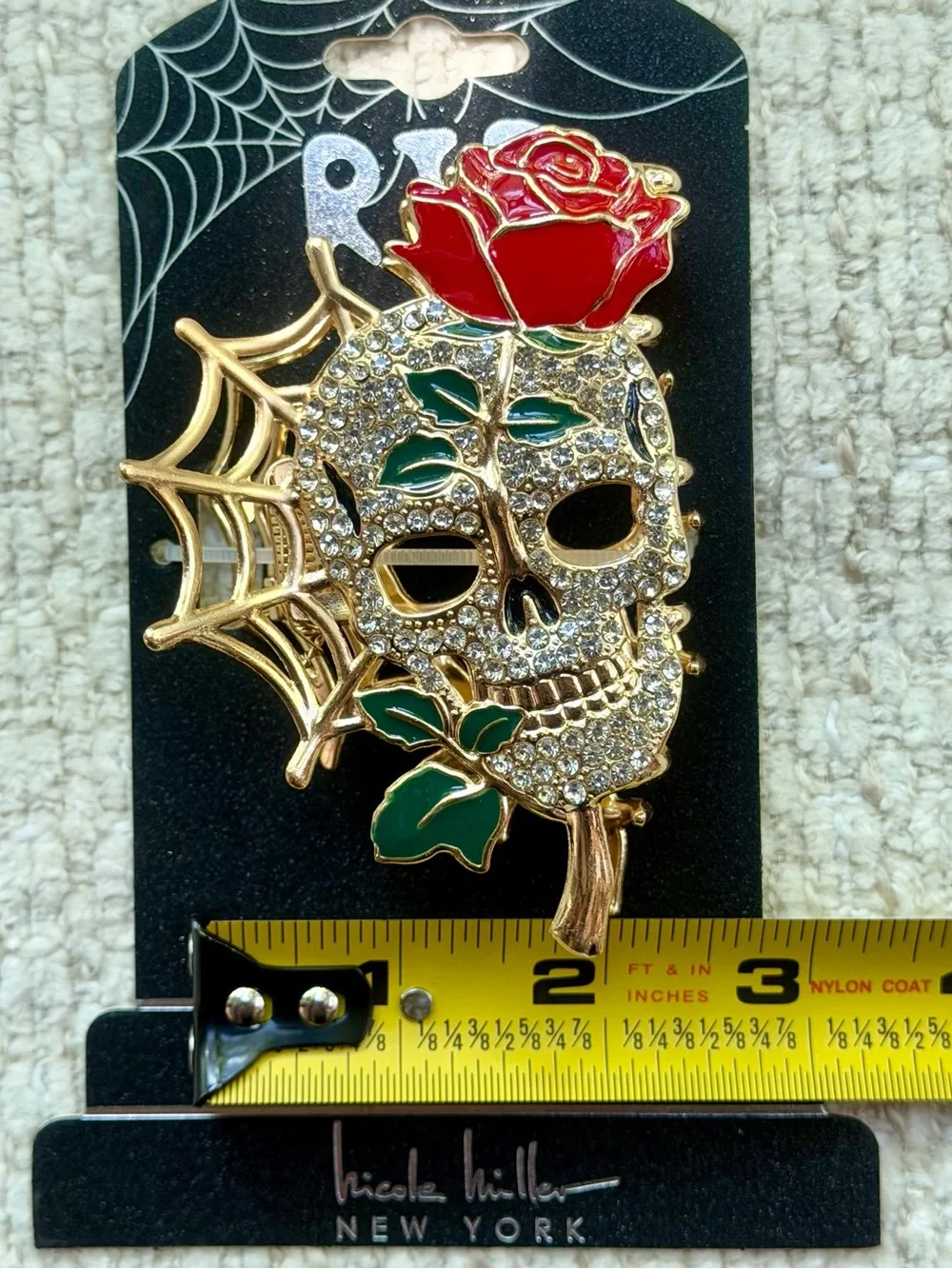 Nicole Miller Skull Rose Hair Clip Metal Claw Rhinestone Enamel Halloween New